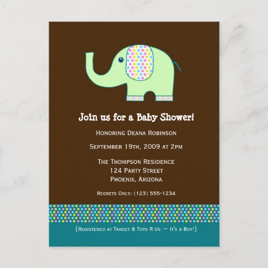 Baby Elephant Baby shower Invitation Uitnodiging Briefkaart (Voorkant)