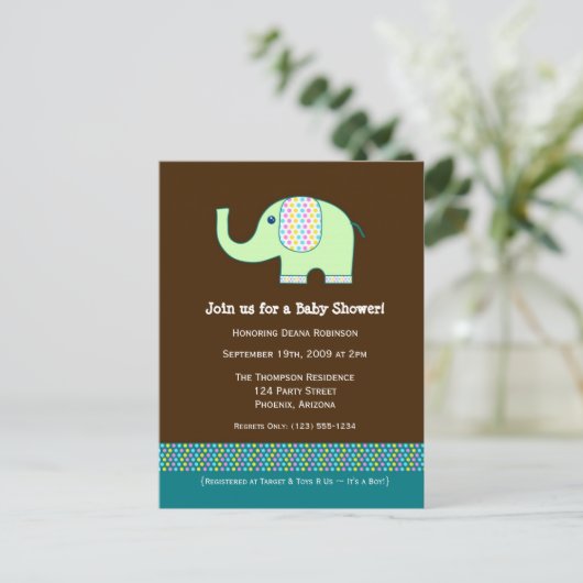 Baby Elephant Baby shower Invitation Uitnodiging Briefkaart (Staand voorkant)
