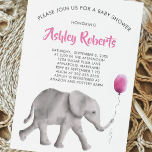 Baby Elephant Baby shower Invite, Pink & Grey Kaart