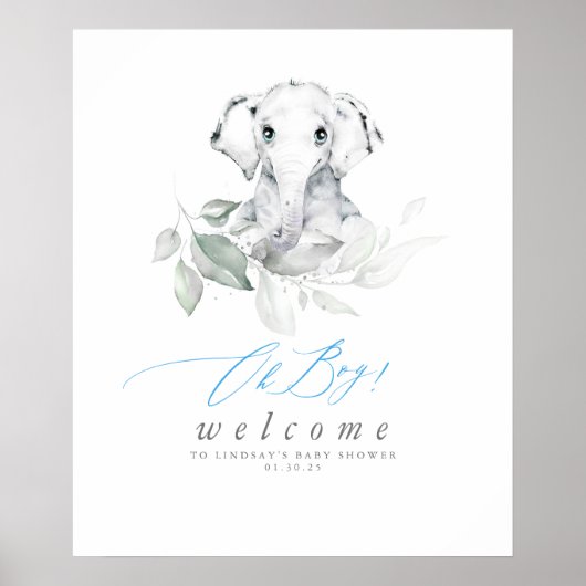 Baby Elephant Baby shower Oh Boy Welkome Poster (Voorkant)