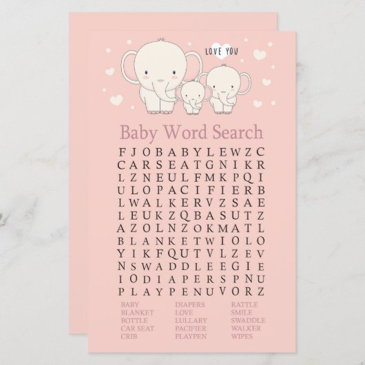 Baby Elephant Baby shower Word Search Game (Voorkant / Achterkant)