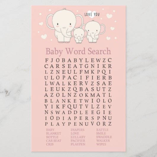 Baby Elephant Baby shower Word Search Game (Voorkant)