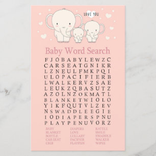 Baby Elephant Baby shower Word Search Game