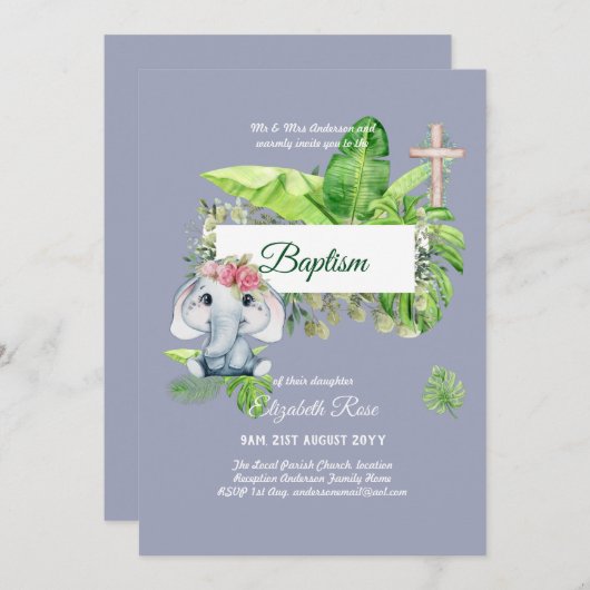Baby Elephant BAPTISM Bautizo Bautismo Uitnodiging (Voorkant / Achterkant)