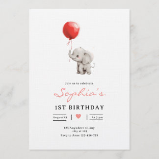 Baby Elephant Birthday Invite, Kids 1st Birhday Kaart