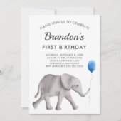 Baby Elephant Birthday Party Invitation Blue Grey Kaart (Voorkant)