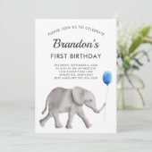 Baby Elephant Birthday Party Invitation Blue Grey Kaart (Staand voorkant)