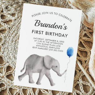 Baby Elephant Birthday Party Invitation Blue Grey Kaart