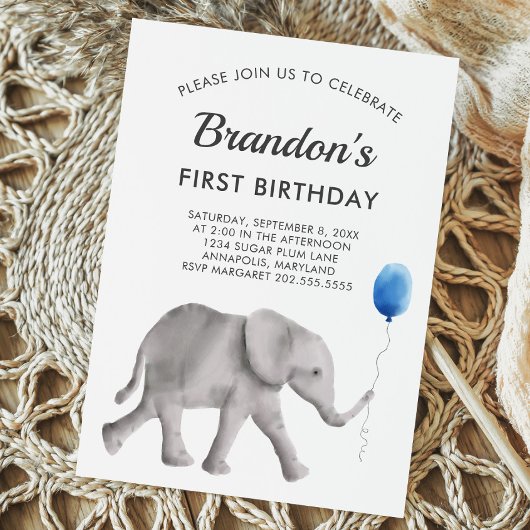 Baby Elephant Birthday Party Invitation Blue Grey Kaart