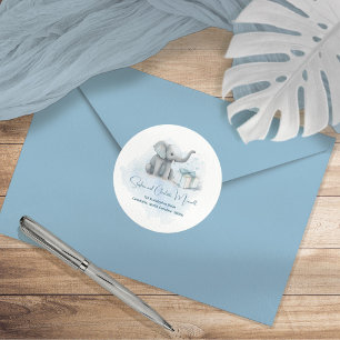 Baby Elephant Blue Baby shower Return Address Ronde Sticker