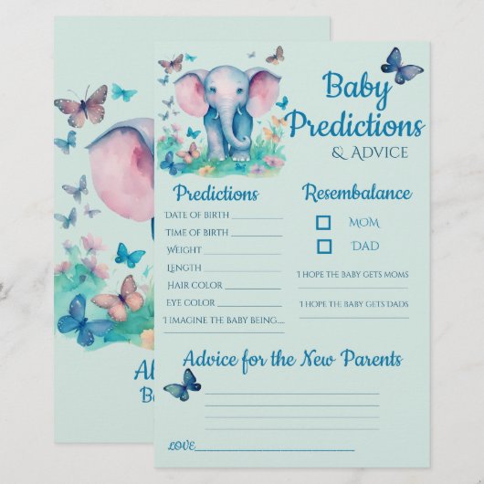 Baby Elephant Blue Baby Voorspellingen Advies Kaar (Voorkant / Achterkant)