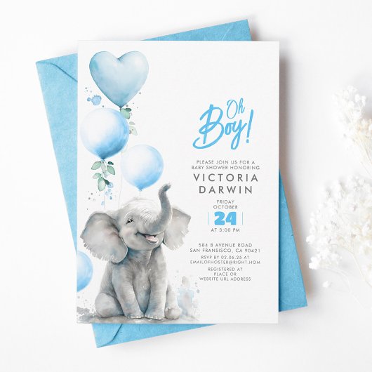 Baby Elephant Blue en Grey Cute Boy Baby shower Kaart
