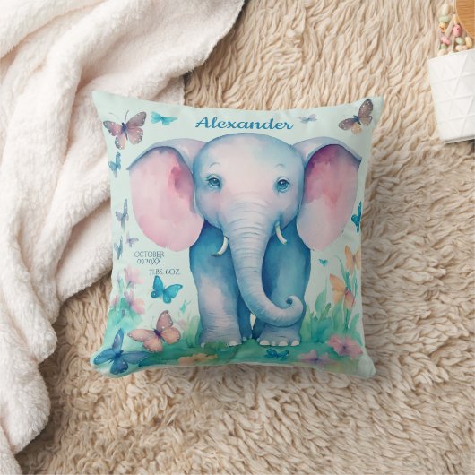 Baby Elephant Blue Gepersonaliseerde geboortedatum Kussen (Deken)