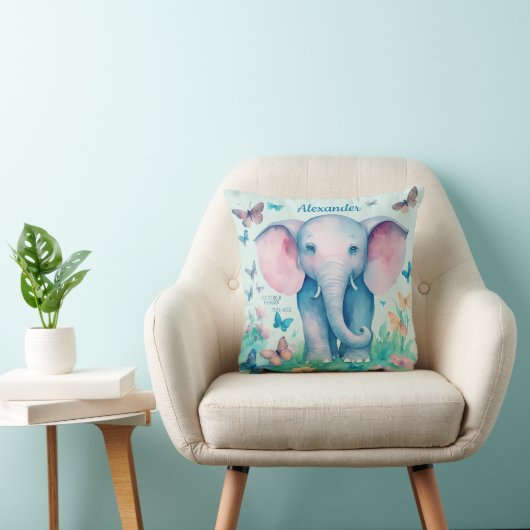 Baby Elephant Blue Gepersonaliseerde geboortedatum Kussen (Stoel)