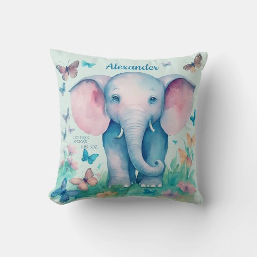 Baby Elephant Blue Gepersonaliseerde geboortedatum Kussen (Voorkant)