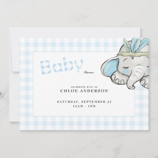 Baby Elephant Blue Gingham Baby shower Kaart (Voorkant)