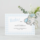 Baby Elephant Blue Gingham Baby shower Kaart (Staand voorkant)
