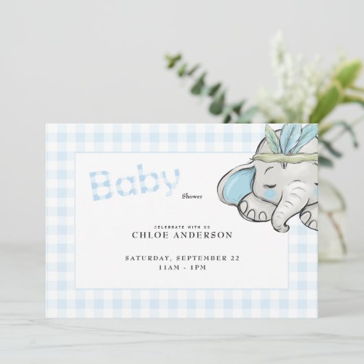 Baby Elephant Blue Gingham Baby shower Kaart (Staand voorkant)