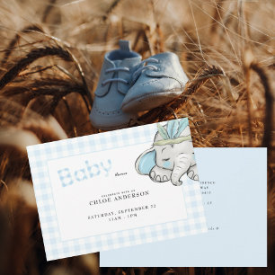 Baby Elephant Blue Gingham Baby shower Kaart