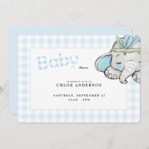Baby Elephant Blue Gingham Baby shower Rond Kaart