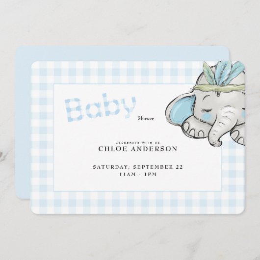 Baby Elephant Blue Gingham Baby shower Rond Kaart (Voorkant / Achterkant)