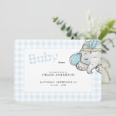 Baby Elephant Blue Gingham Baby shower Rond Kaart (Staand voorkant)