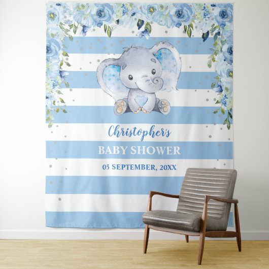 Baby Elephant Blus Floral Silver Baby shower Wandkleed (In situ)