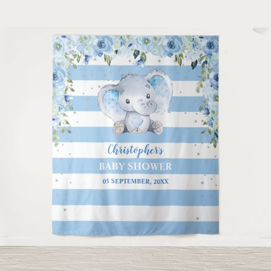 Baby Elephant Blus Floral Silver Baby shower Wandkleed (Voorkant)