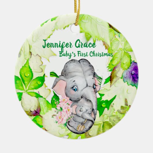 Baby Elephant Botanische Aangepaste Foto 1 Kerstmi Keramisch Ornament (Voorkant)