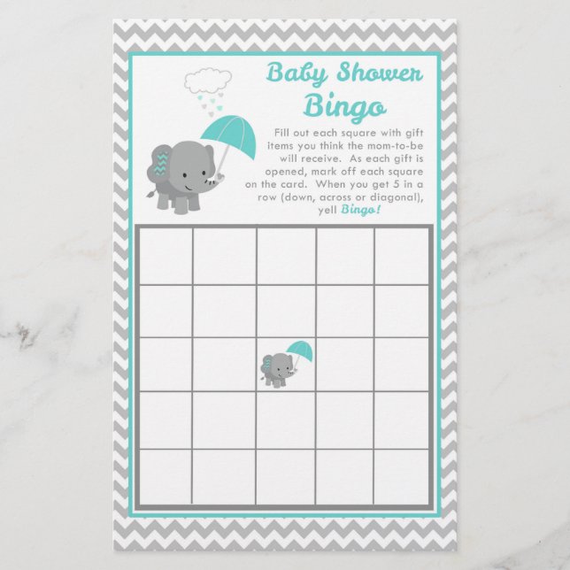 Baby Elephant Boy Baby shower Bingo Kaart (Voorkant)