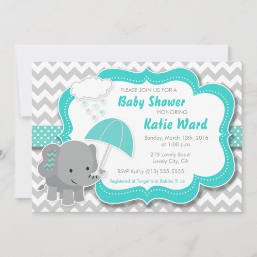 Baby Elephant Boy Baby shower Blauwgroen Blue Invi Kaart (Voorkant)