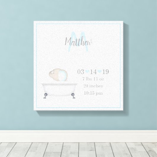 Baby Elephant Bubble Bath Boy Birth Notice Canvas Afdruk (Insitu (Houten vloer))