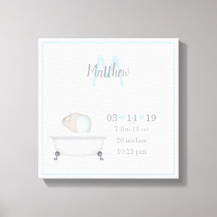 Baby Elephant Bubble Bath Boy Birth Notice Canvas Afdruk