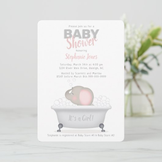 Baby Elephant Bubble Bath Girl Baby shower Kaart (Staand voorkant)