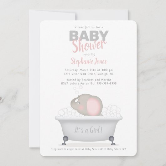 Baby Elephant Bubble Bath Girl Baby shower Kaart (Voorkant)