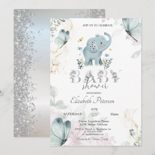 Baby Elephant Butterfly Glitter Silver Baby shower Kaart (Voorkant / Achterkant)