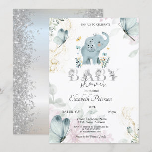 Baby Elephant Butterfly Glitter Silver Baby shower Kaart