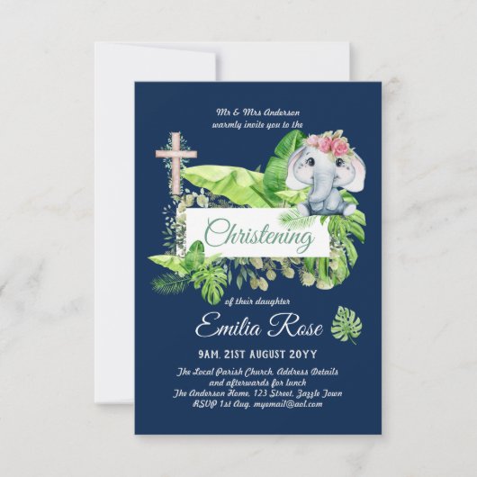 Baby Elephant CHRISTENING Invite for Girls Oerwoud (Voorkant)