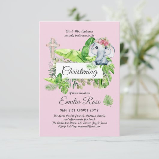 Baby Elephant CHRISTENING Invite for Girls Oerwoud (Staand voorkant)