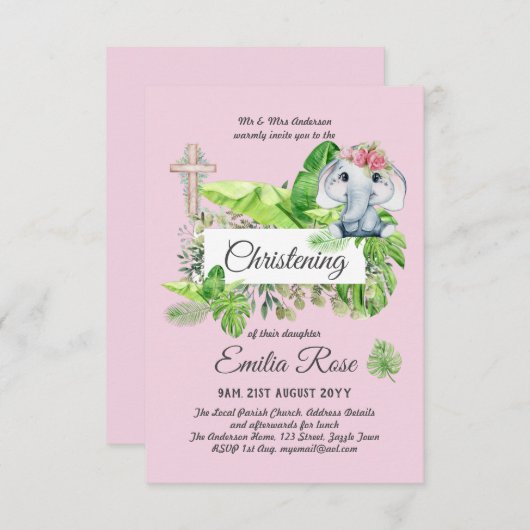 Baby Elephant CHRISTENING Invite for Girls Oerwoud (Voorkant / Achterkant)
