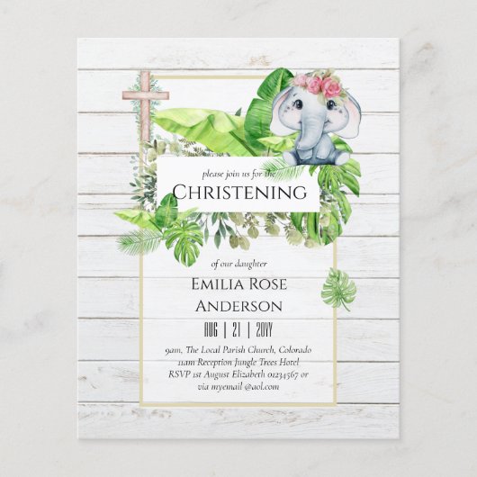 Baby Elephant CHRISTENING Invite for Girls Oerwoud Flyer (Voorkant)