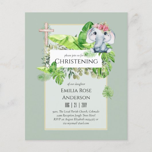 Baby Elephant CHRISTENING Invite for Girls Oerwoud Flyer (Voorkant)