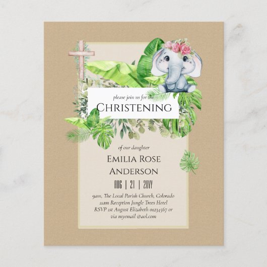 Baby Elephant CHRISTENING Invite for Girls Oerwoud Flyer (Voorkant)
