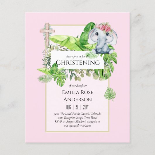 Baby Elephant CHRISTENING Invite for Girls Oerwoud Flyer (Voorkant)