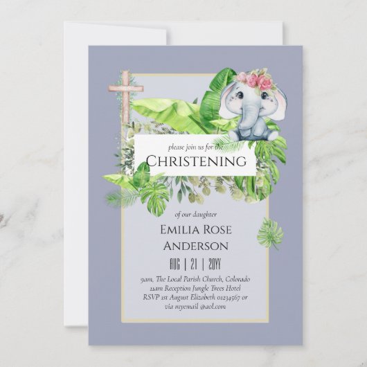 Baby Elephant CHRISTENING Invite for Girls Oerwoud Kaart (Voorkant)
