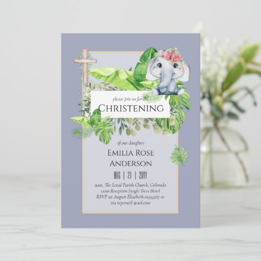 Baby Elephant CHRISTENING Invite for Girls Oerwoud Kaart (Staand voorkant)