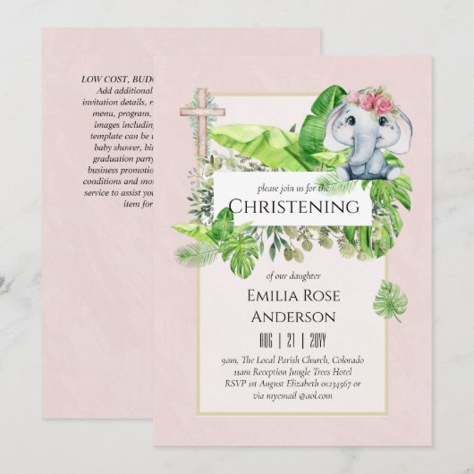 Baby Elephant CHRISTENING Invite for Girls Oerwoud Kaart (Voorkant / Achterkant)