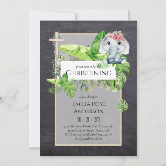 Baby Elephant CHRISTENING Invite for Girls Oerwoud Kaart (Voorkant)