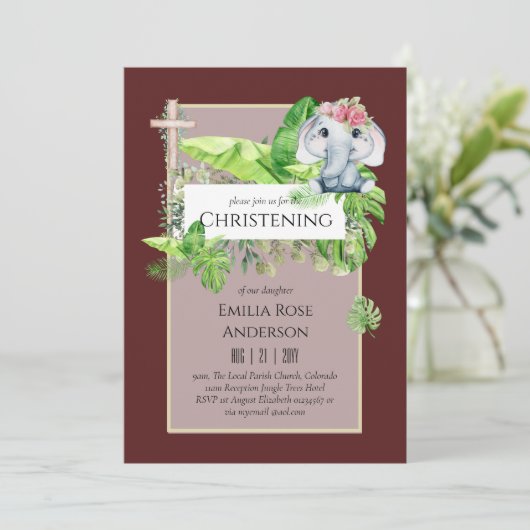Baby Elephant CHRISTENING Invite for Girls Oerwoud Kaart (Staand voorkant)