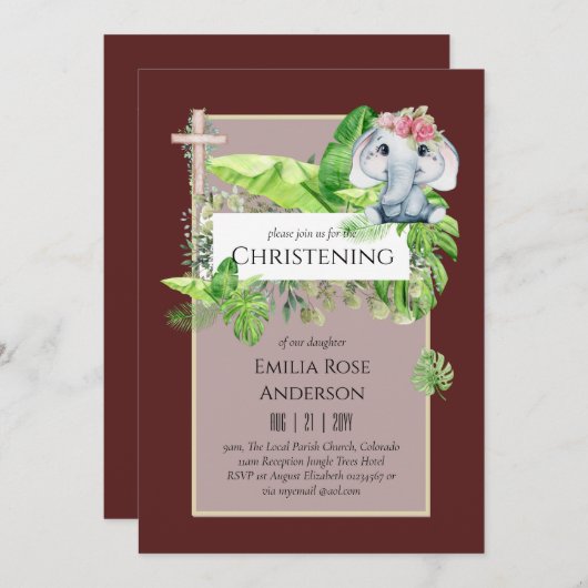 Baby Elephant CHRISTENING Invite for Girls Oerwoud Kaart (Voorkant / Achterkant)